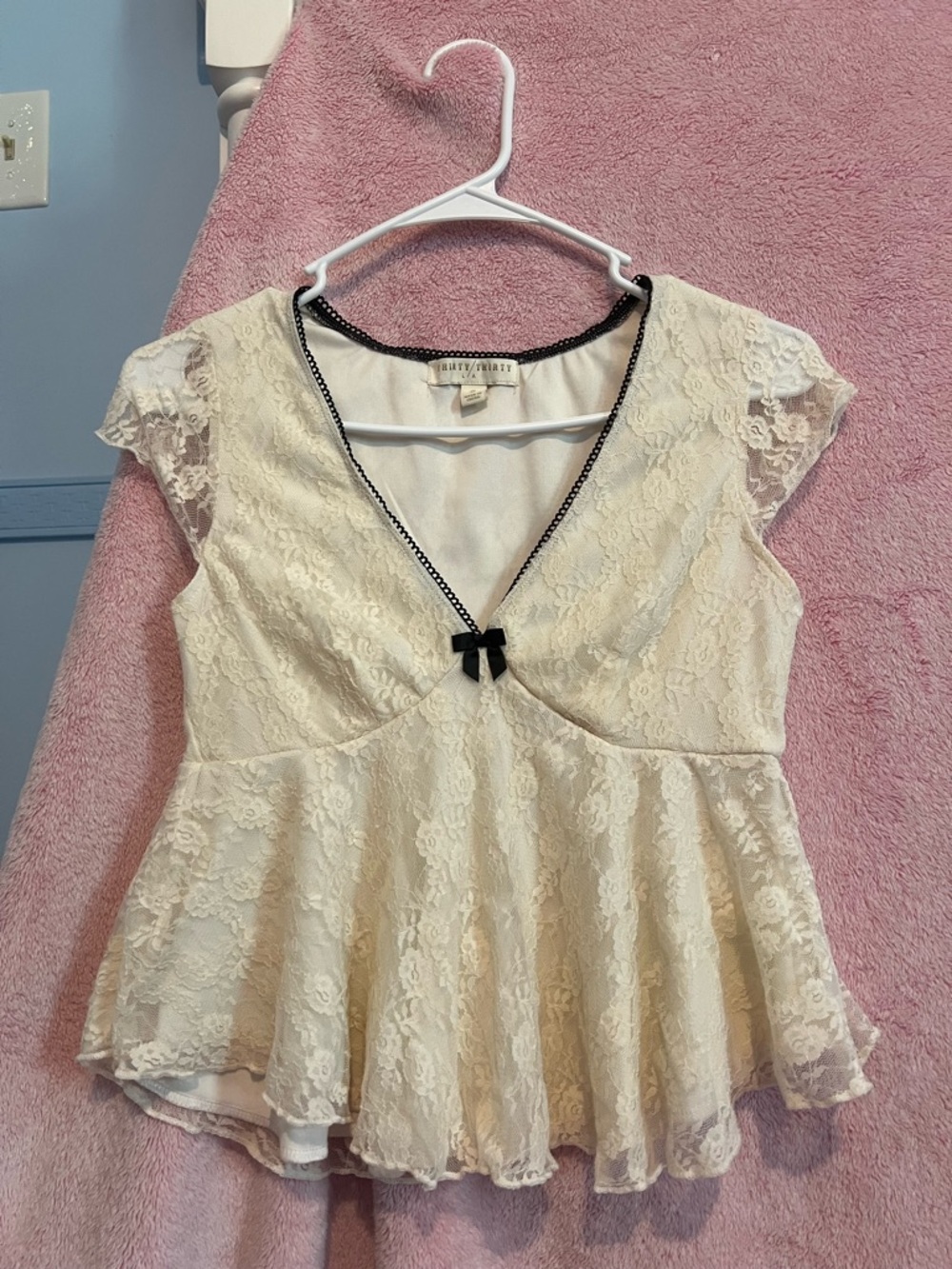 Cream Lace Peplum Blouse with Black Trim and Bow